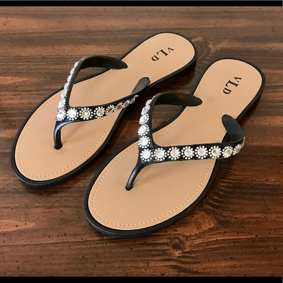black rhinestone flip flops